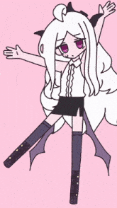 a drawing of a girl with long white hair and purple eyes on a pink background
