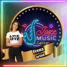a woman standing in front of a jazz music genre sign