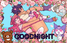 a cartoon drawing of a man carrying a woman with the words goodnight below