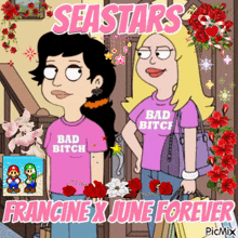 a cartoon of two women wearing pink shirts with bad bitch on them