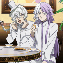two anime characters are sitting at a table with cups of coffee and cookies
