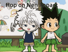 two cartoon characters are standing next to each other with the words hop on nen impact written above them