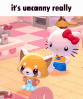 hello kitty and a raccoon are standing next to each other