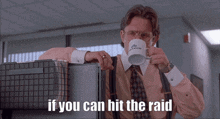 a man in a suit and tie is drinking from a mug that says myron