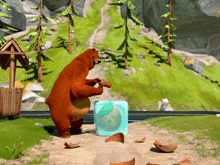 a bear is standing next to a blue ice cube with a globe on it