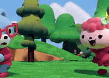 a teddy bear with glasses and a sheep with a flower in her hair