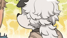 a cartoon drawing of a wolf with white hair looking at another wolf