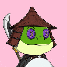 a frog wearing a hat and holding a sword with x eyes