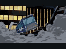 a cartoon of a bus crashing into a car