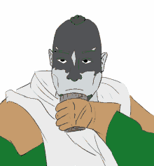 a cartoon drawing of a man with a gray face and green sleeves
