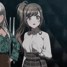 two anime girls are standing next to each other and one is wearing a plaid skirt