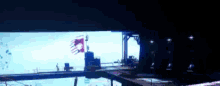a blurred image of a video game scene with a flag flying in the distance