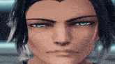 a close up of a person 's face with blue eyes and black hair