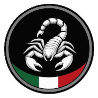 a scorpion in a circle with a green and red border