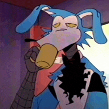 a cartoon character is holding a cup in his hand and making a sad face .