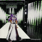 a woman in a long purple and white dress is walking down a runway with the words tiffanyluv24 below her