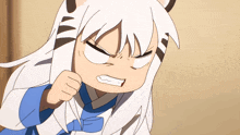 a cartoon drawing of a girl with white hair making a very angry face