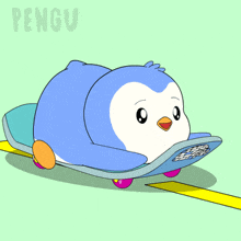a cartoon of a penguin on a skateboard with the word pengu on the bottom right