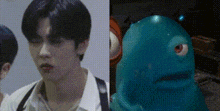 a close up of a man 's face next to a close up of a blue frog with red eyes .