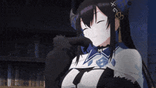 a black haired anime girl with the letter m on her ear