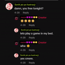 a screenshot of a conversation between sonik and creator