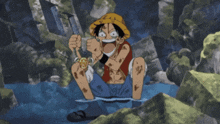 monkey d luffy is sitting on a rock in the water holding a watch