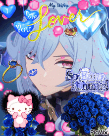 a picture of a girl with a hello kitty surrounded by blue roses and the words " my wifey loves you "