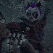 a close up of a clown 's face with purple eyes and teeth