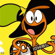 a cartoon character is playing a guitar and wearing a hat