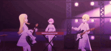 a group of anime girls are playing instruments on stage .