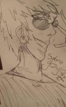 a pencil drawing of a man with the name satria written on the bottom