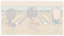 three cartoon characters are playing bowling and one of them has a red shirt on