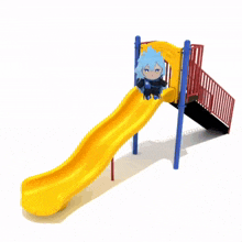 a cartoon character is sitting on a yellow slide