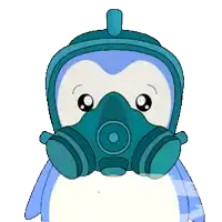 a penguin wearing a gas mask with a circle in the middle