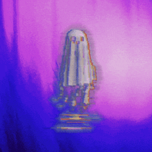 a purple and blue background with a ghost in the foreground
