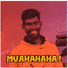 a man wearing a yellow hoodie with the words muahaha written on it