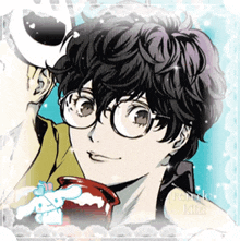 a drawing of a boy with glasses and the name rensuke written on the bottom right