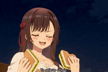 a girl is eating a sandwich with the words " to relieve stress " below her