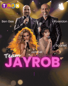 a poster for the team jayrob shows a man and two women singing into microphones