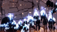 a group of people are standing next to each other in a room with glowing lights coming out of their heads .