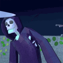 a grim reaper is wearing a purple robe and has a knife in his pocket