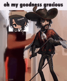 a man in a cowboy hat holding a whip with the words oh my goodness gracious