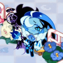 a cartoon character is sitting on a skateboard next to a flower .