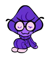 a cartoon character with glasses and a purple hat