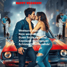 a man and woman kissing in front of a red car that says happy weekend on it