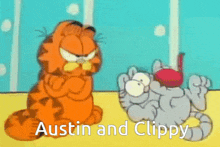 a cartoon of garfield and clippy with the words austin and clippy above them