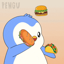 a penguin holding a taco and a sandwich on top of its head