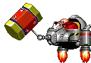 a pixel art of a robot holding a hammer and flying .