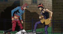 two cartoon characters are standing next to each other and one of them says " you an enemy huh "