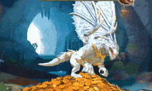 a white dragon is standing on top of a pile of gold coins in a cave .